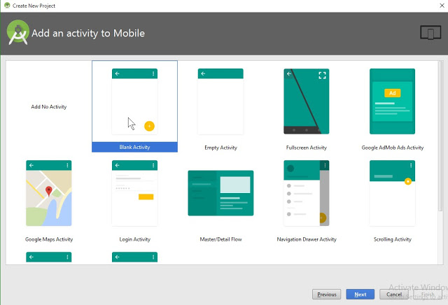 Android project के लिए फिर next पर click करें और Blank activity choose करके finish पर click करें 
