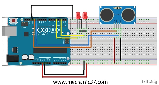 distance sensor hc-sr04 और arduino led के लिए circuit