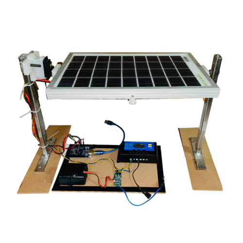 Solar Tracker System – A solar panel mounted on a rotating platform with a dual-axis mechanism, automatically adjusting its position to follow the sun's path throughout the day for maximum energy efficiency. Includes sensors and a microcontroller for precise solar tracking.