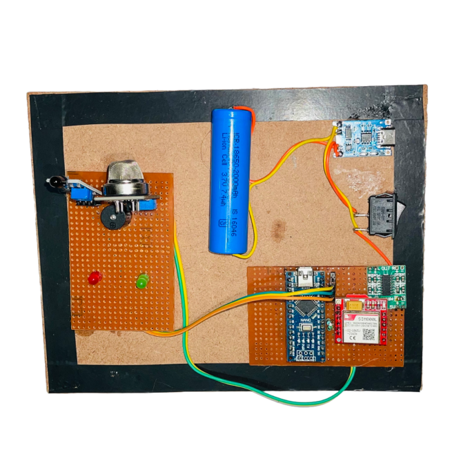 GSM-based Fire and LPG Leak Alert System – A circuit board with sensors and a GSM module for detecting fire and gas leaks, sending alerts via SMS