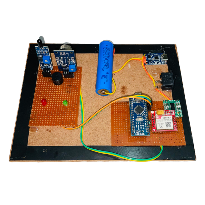 GSM-based Fire and LPG Leak Alert System – A circuit board with sensors and a GSM module for detecting fire and gas leaks, sending alerts via SMS