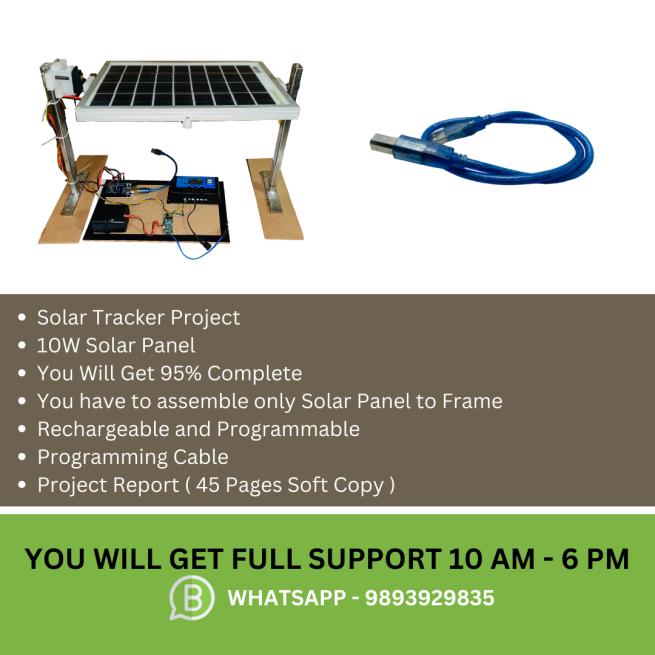 Solar Tracker System – A solar panel mounted on a rotating platform with a dual-axis mechanism, automatically adjusting its position to follow the sun's path throughout the day for maximum energy efficiency. Includes sensors and a microcontroller for precise solar tracking.